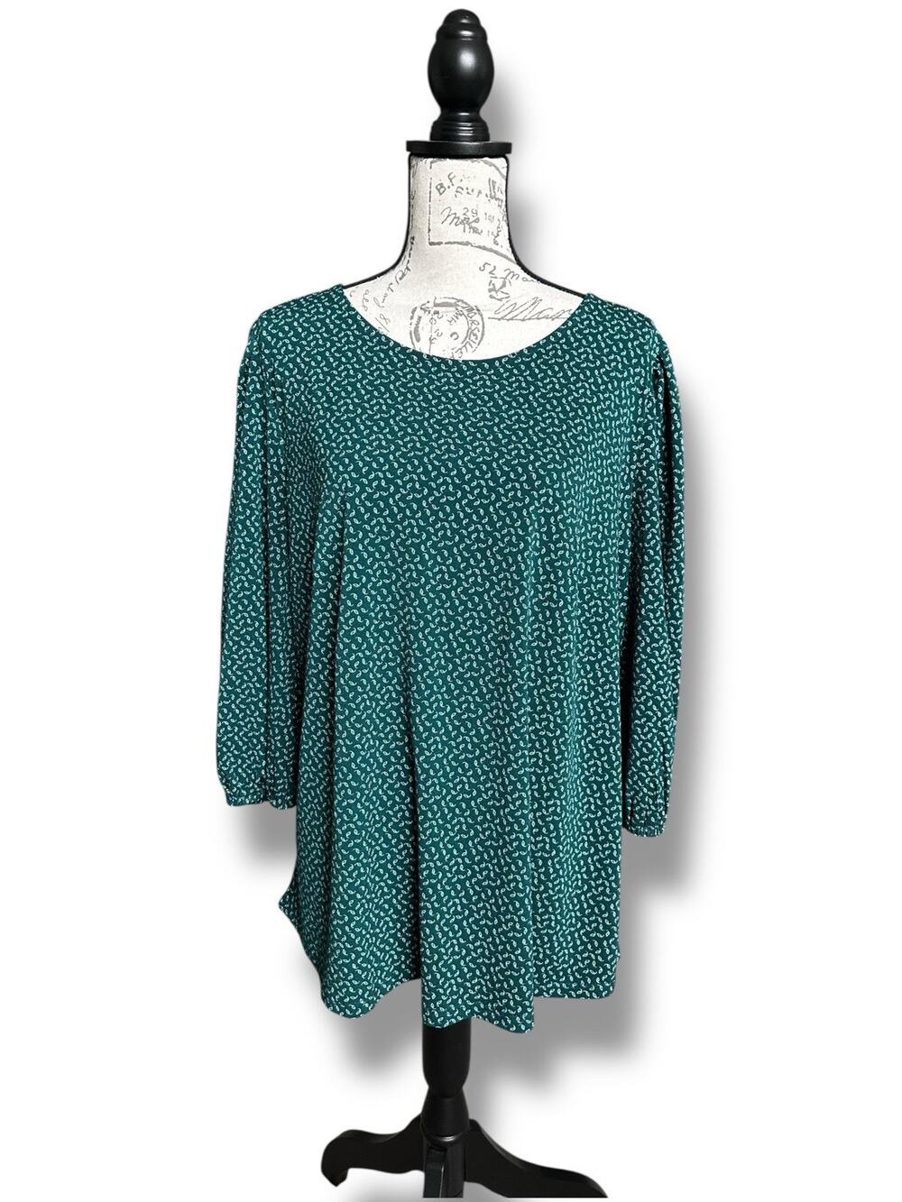 Adrianna Papell Green Floral Print Balloon Sleeve Tunic Blouse Back Keyhole 1X